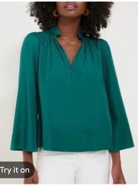 Tuckernuck Teal Split-Neck Long-Sleeve Blouse Size XL
